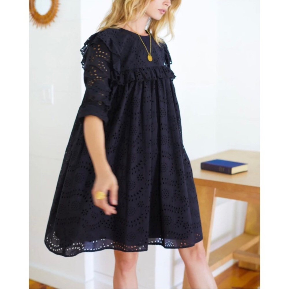 Emerson Fry Elsa Black Eyelet Ruffle Babydoll Mini Dress Size Small